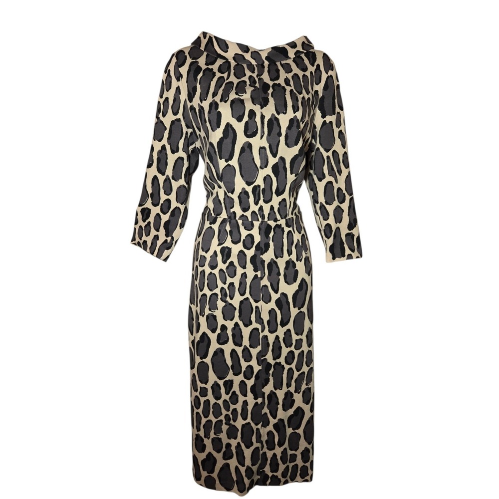 Boden Leopard Print 3/4-Sleeve Gray Cream Mock-Boat-Neck Marisa Midi Dress 12L - Picture 2 of 8